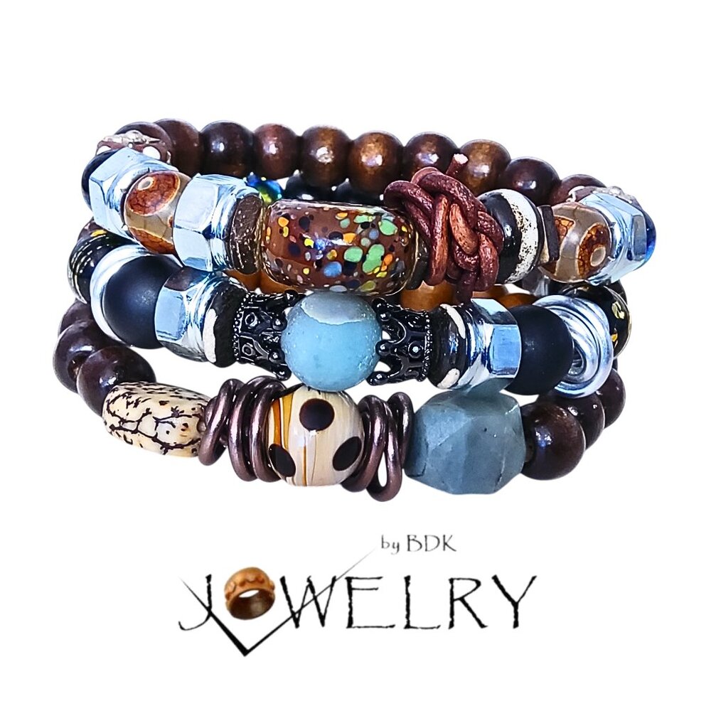 Agate, Bone, Leather & Bone Men's Bracelet Set